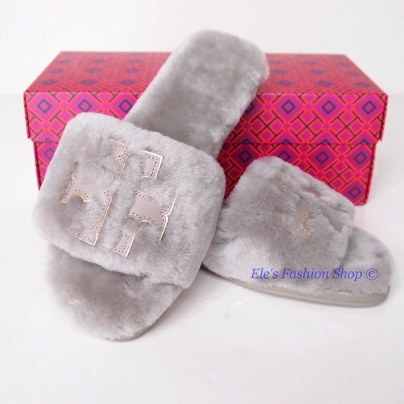 NIB Tory Burch Double T Shearling Slide Sandal GRAY HERON 6.5 7 7.5 8 AUTHENTIC - Picture 6 of 16